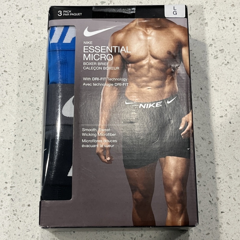 Nike Essential Micro Boxer Briefs 3 Pack Mens Dri-FIT Blue Gray Black SZ L NEW